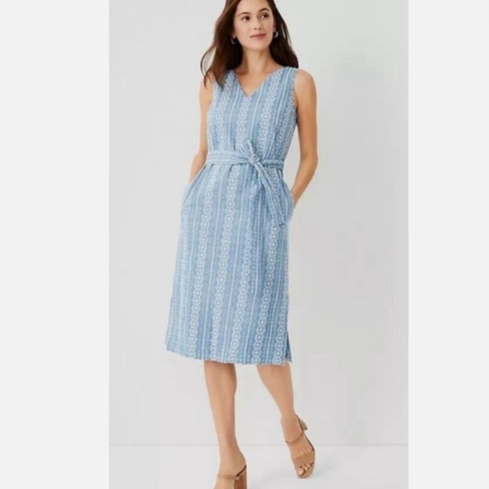 Ann Taylor embroidered chambray eyelet V neck midi dress NWT 8
